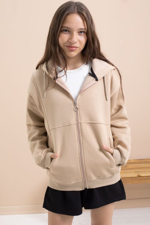 Bej Kız Çocuk Şardonlu Kapüşonlu Hırka 21522