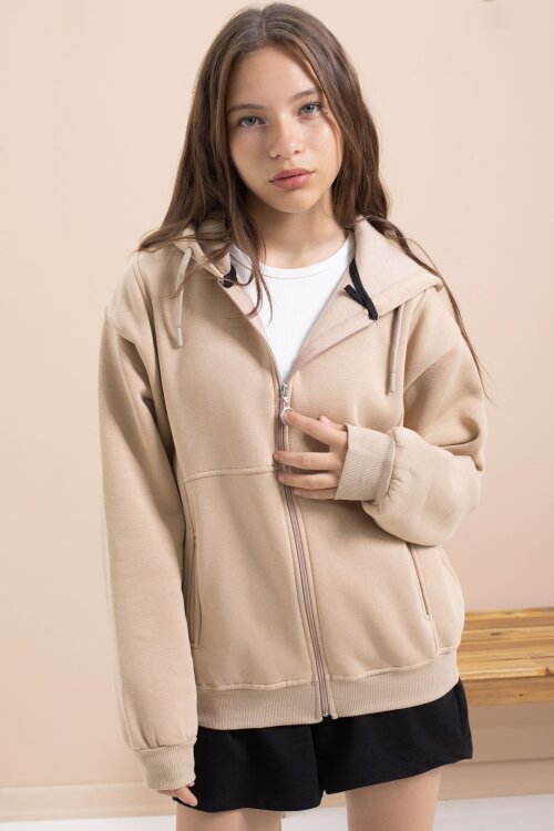 Bej Kız Çocuk Şardonlu Kapüşonlu Hırka 21522