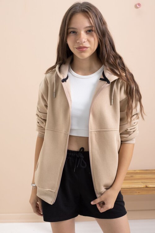 Bej Kız Çocuk Şardonlu Kapüşonlu Hırka 21522