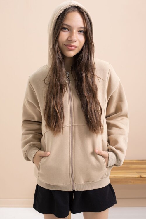 Bej Kız Çocuk Şardonlu Kapüşonlu Hırka 21522