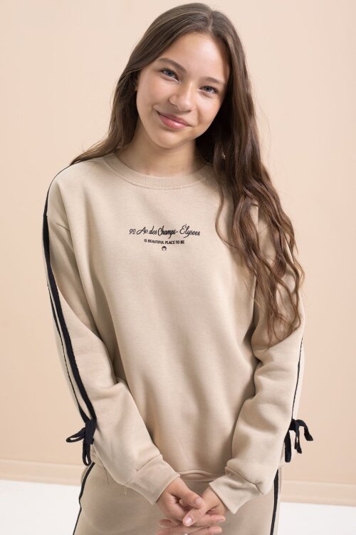 Bej Kız Çocuk Şerit Detaylı 3 İplik Şardonlu Takım 21516