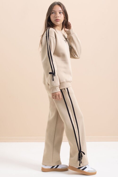 Bej Kız Çocuk Şerit Detaylı 3 İplik Şardonlu Takım 21516