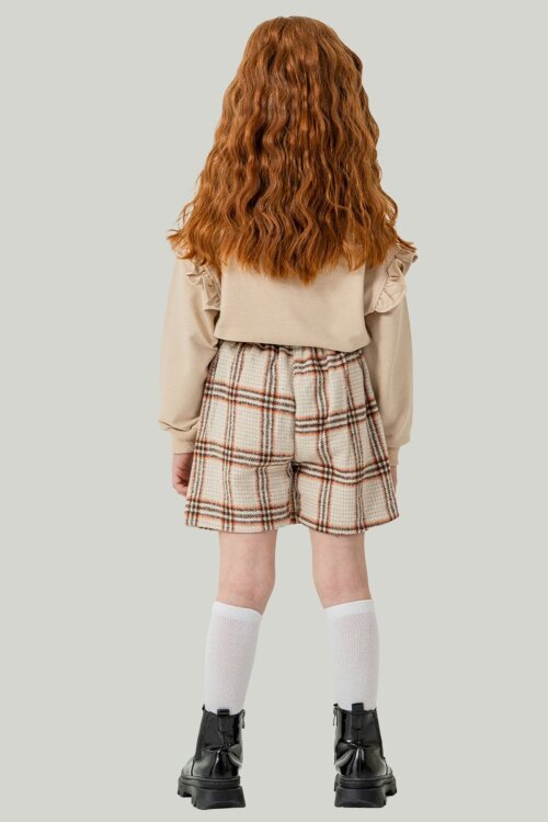 Bej Kız Çocuk Tavşan Nakışlı Ekose Desenli Şort Etekli 2li Takım 21539