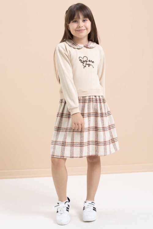 Bej Kız Çocuk Yazı Baskılı Ekose Desenli Elbise 21545