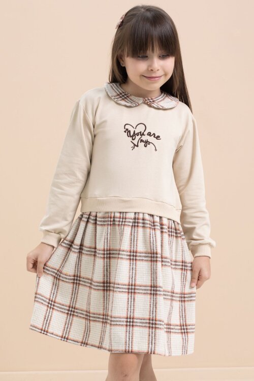 Bej Kız Çocuk Yazı Baskılı Ekose Desenli Elbise 21545