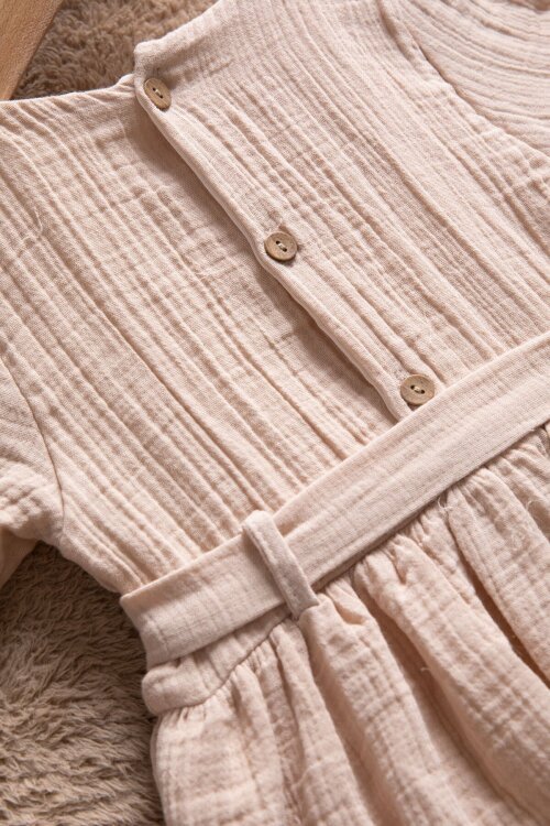 Bej Kolları Dantel Detaylı Kuşaklı Kız Çocuk Müslin Elbise 22670