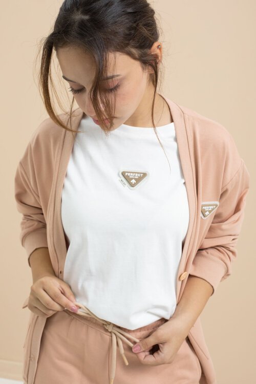 Bej Logo Detaylı Düğmeli Hırkalı kız Çocuk Yırtmaçlı 3lü Atl-Üst Takım 21377