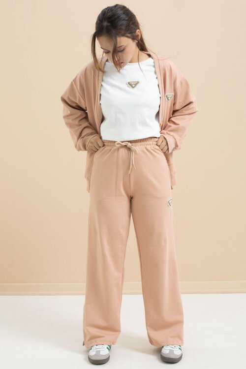 Bej Logo Detaylı Düğmeli Hırkalı kız Çocuk Yırtmaçlı 3lü Atl-Üst Takım 21377