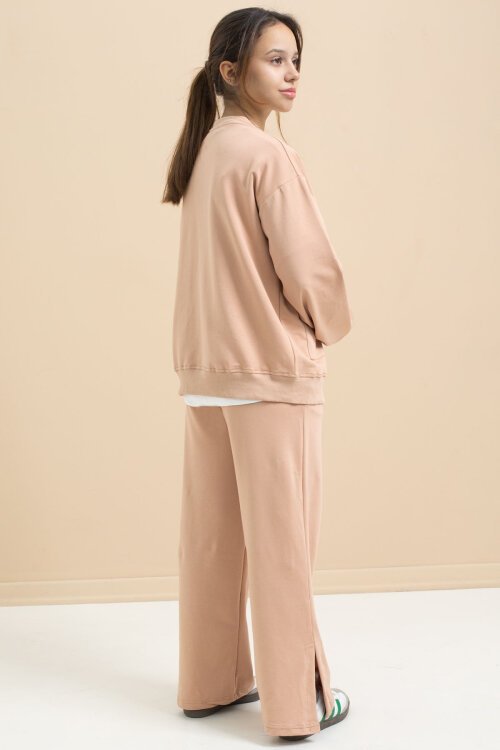 Bej Logo Detaylı Düğmeli Hırkalı kız Çocuk Yırtmaçlı 3lü Atl-Üst Takım 21377