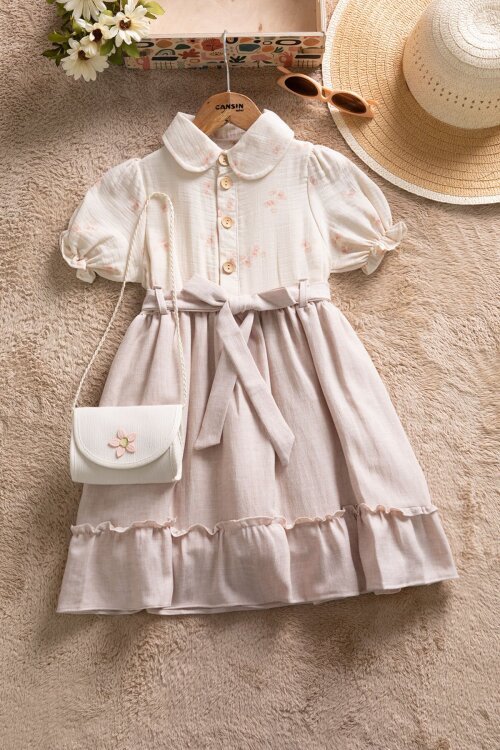 Bej Müslin Kumaş Desenli Kız Çocuk Çantalı Kısa Kol Elbise  22658