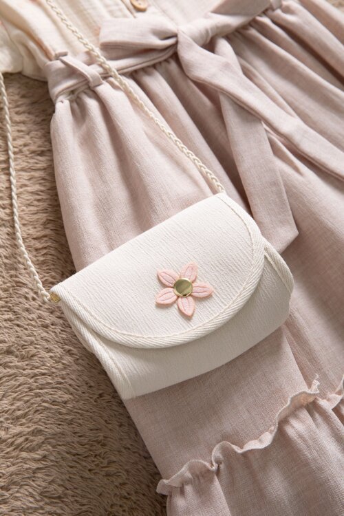 Bej Müslin Kumaş Desenli Kız Çocuk Çantalı Kısa Kol Elbise  22658