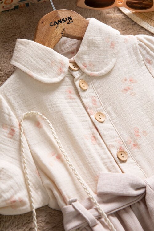 Bej Müslin Kumaş Desenli Kız Çocuk Çantalı Kısa Kol Elbise  22658