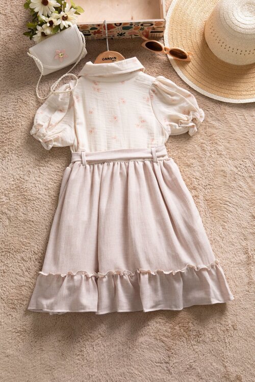 Bej Müslin Kumaş Desenli Kız Çocuk Çantalı Kısa Kol Elbise  22658