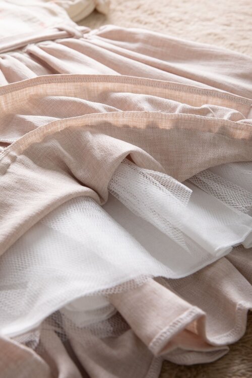 Bej Müslin Kumaş Desenli Kız Çocuk Çantalı Kısa Kol Elbise  22658