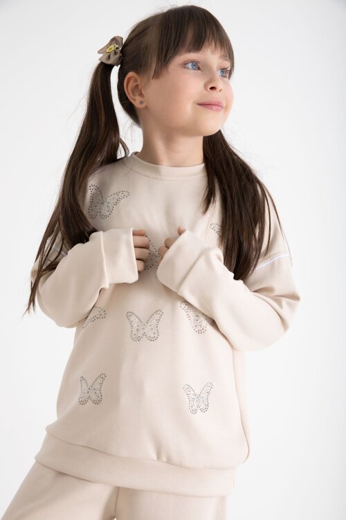 Bej Payetli Kelebek İşlemeli Geniş Paça Kız Çocuk Eşofman Takımı 22736