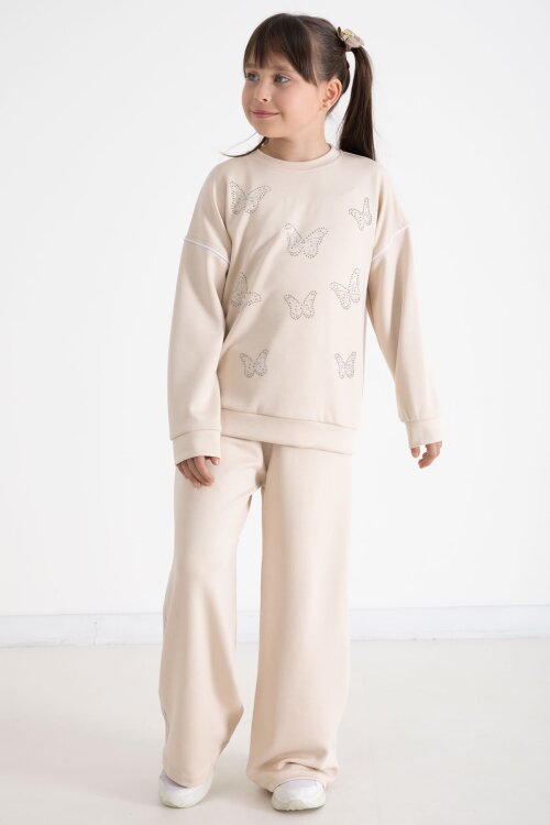 Bej Payetli Kelebek İşlemeli Geniş Paça Kız Çocuk Eşofman Takımı 22736