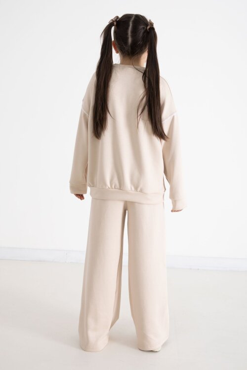 Bej Payetli Kelebek İşlemeli Geniş Paça Kız Çocuk Eşofman Takımı 22736