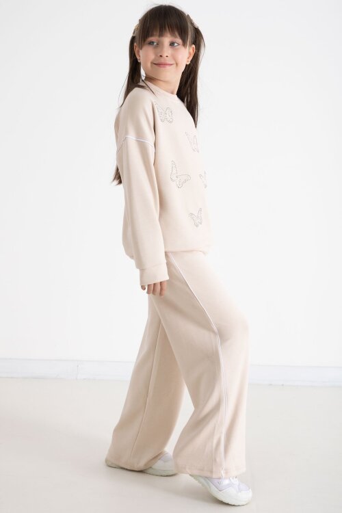 Bej Payetli Kelebek İşlemeli Geniş Paça Kız Çocuk Eşofman Takımı 22736