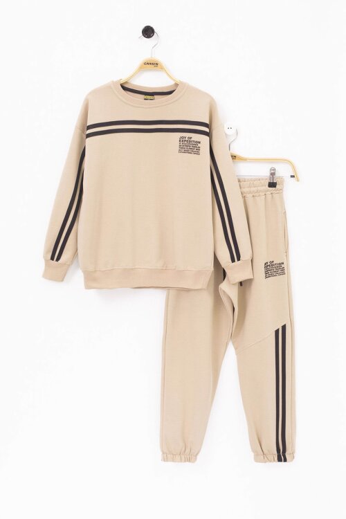 Bej Şerit Detaylı Bisiklet Yaka Erkek Çocuk Basic Eşofman Takımı 21263