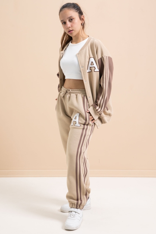 Bej Yazılı Kolej Ceketli Kız Çocuk Şeritli 3 İplik Şardonlu Eşofman Takımı 21298