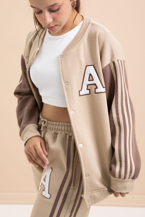 Bej Yazılı Kolej Ceketli Kız Çocuk Şeritli 3 İplik Şardonlu Eşofman Takımı 21298