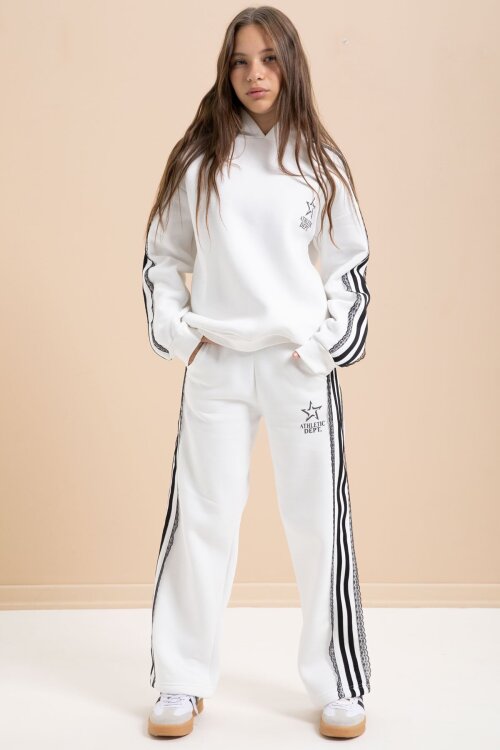 Beyaz 3 İplik Şardonlu Şeritli Dantel  Detaylı Kız Çocuk Kapüşonlu Eşofman Takımı  22720