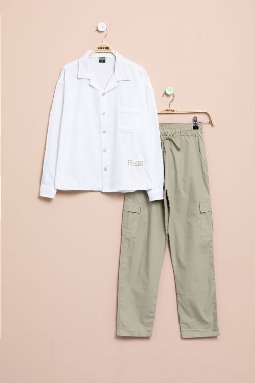 Beyaz Çizgili Gömlekli Paraşüt Pantolonlu Erkek Çocuk 2li Takım 23261