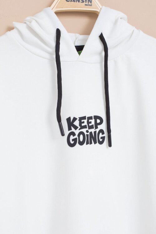 Beyaz Erkek Çocuk Keep Going Yazılı Şeritli Erkek Çocuk Kapüşonlu Eşofman Takımı 23417