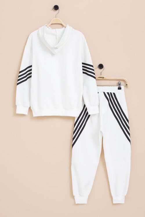 Beyaz Erkek Çocuk Keep Going Yazılı Şeritli Erkek Çocuk Kapüşonlu Eşofman Takımı 23417
