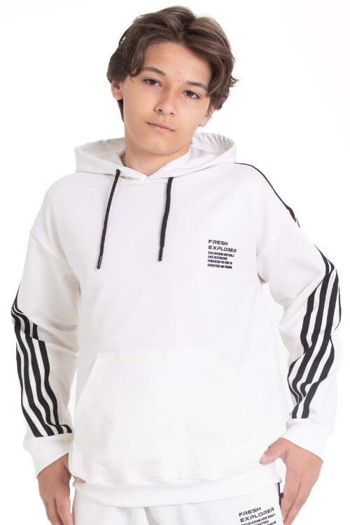 Beyaz Erkek Çocuk Kolları Şerit Detaylı Kanguru Cepli Kapüşonlu Sweatshirt 21496