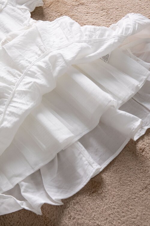 Beyaz Fırfır Detaylı Kısa Kol Kız Çocuk Pileli Elbise  22652