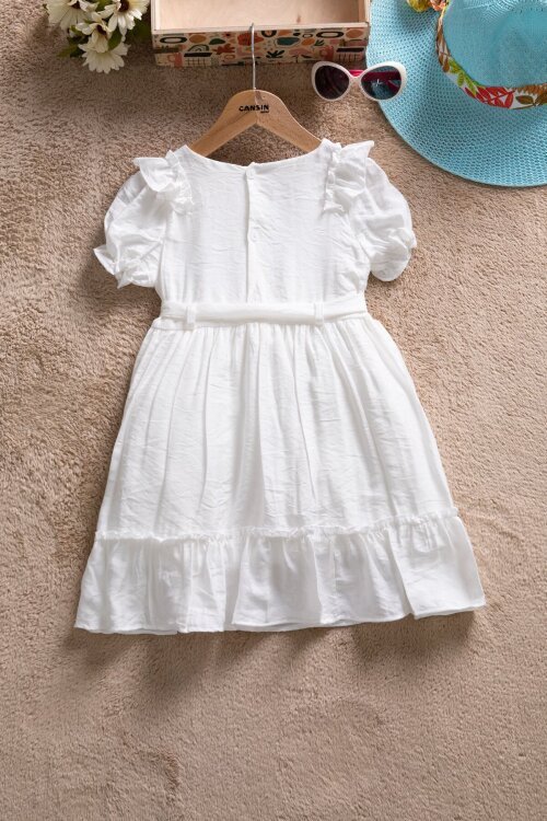 Beyaz Fırfır Detaylı Kısa Kol Kız Çocuk Pileli Elbise  22652