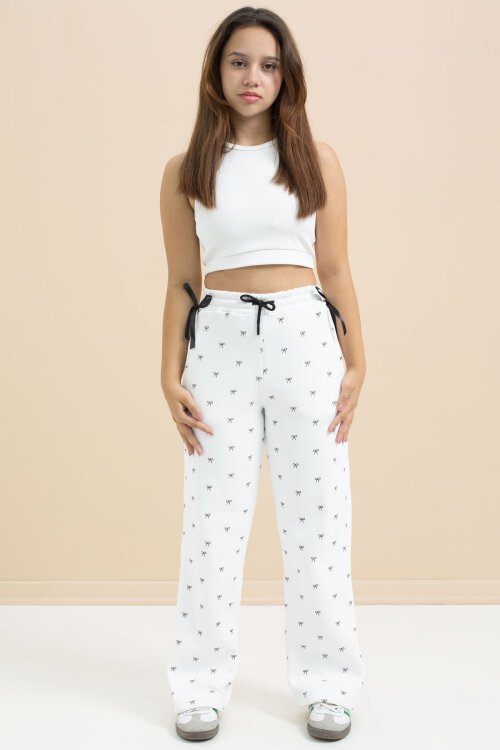 Beyaz Fiyonk Baskılı Geniş Paça Kız Çocuk Şardonlu Eşofman Altı 23426