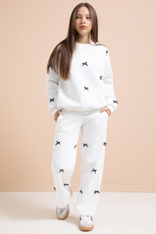 Beyaz Fiyonk Nakışlı Bisiklet Yaka Kız Çocuk Şardonlu Eşofman Takımı 21289