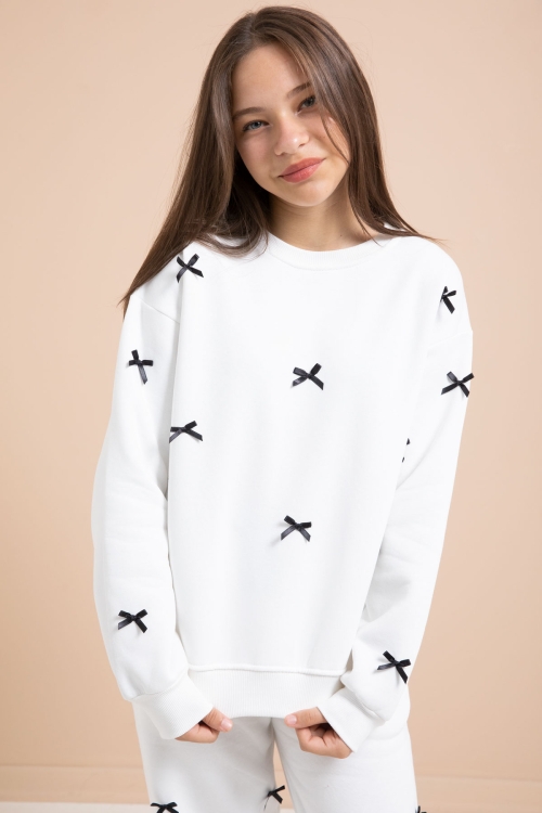 Beyaz Fiyonk Nakışlı Bisiklet Yaka Kız Çocuk Şardonlu Eşofman Takımı 21289