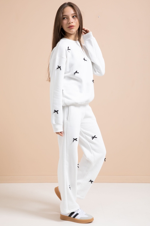 Beyaz Fiyonk Nakışlı Bisiklet Yaka Kız Çocuk Şardonlu Eşofman Takımı 21289