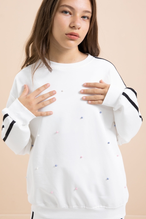 Beyaz İnci İşlemeli Bisiklet Yaka Kız Çocuk Şeritli Eşofman Takımı 21293