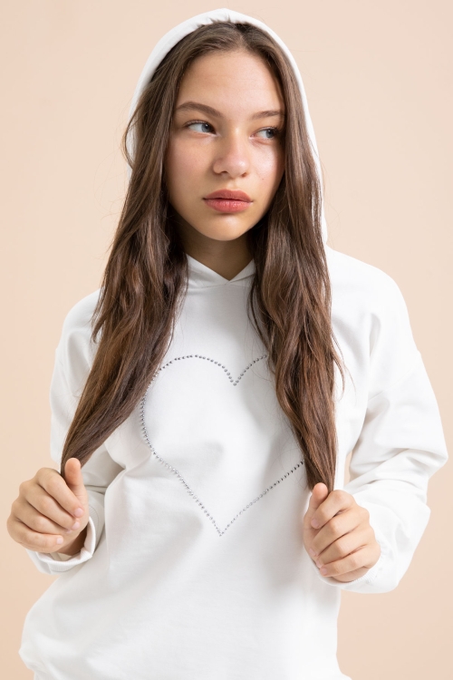 Beyaz Kalp Desenli Kapüşonlu Kız Çocuk Eşofman Takımı 21257