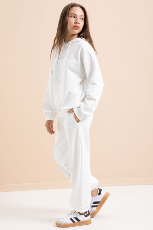 Beyaz Kalp Desenli Kapüşonlu Kız Çocuk Eşofman Takımı 21257