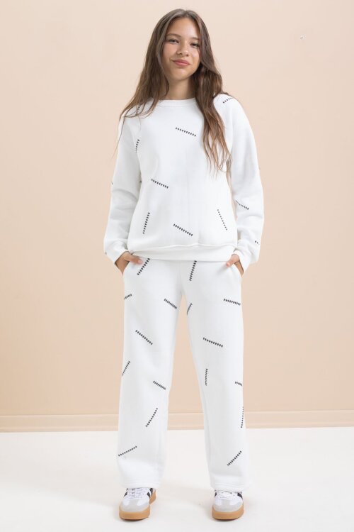 Beyaz Kız Çocuk Desenli 3 İplik Şardonlu Geniş Paça Eşofman Takımı 22644