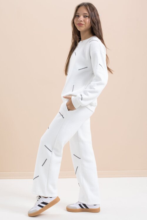 Beyaz Kız Çocuk Desenli 3 İplik Şardonlu Geniş Paça Eşofman Takımı 22644