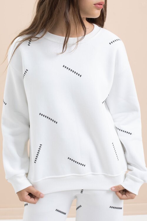 Beyaz Kız Çocuk Desenli 3 İplik Şardonlu Geniş Paça Eşofman Takımı 22644