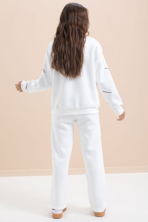 Beyaz Kız Çocuk Desenli 3 İplik Şardonlu Geniş Paça Eşofman Takımı 22644