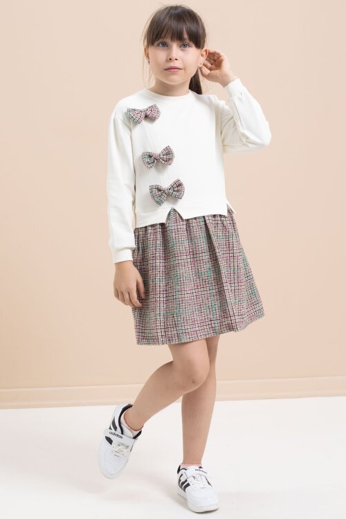 Beyaz Kız Çocuk Fiyonk Detaylı Ekose Etekli Elbise 21533