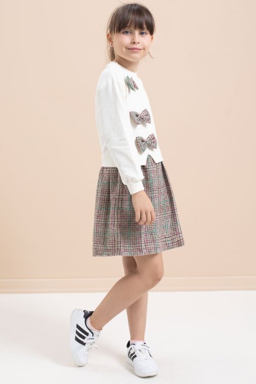 Beyaz Kız Çocuk Fiyonk Detaylı Ekose Etekli Elbise 21533