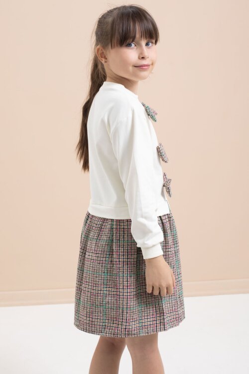 Beyaz Kız Çocuk Fiyonk Detaylı Ekose Etekli Elbise 21533