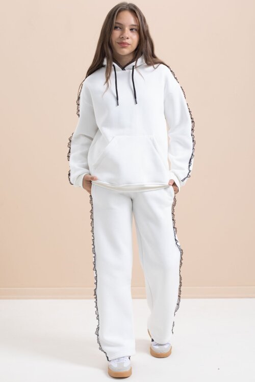 Beyaz Kız Çocuk Şardonlu Dantel Detaylı 3 İplik Takım 21504