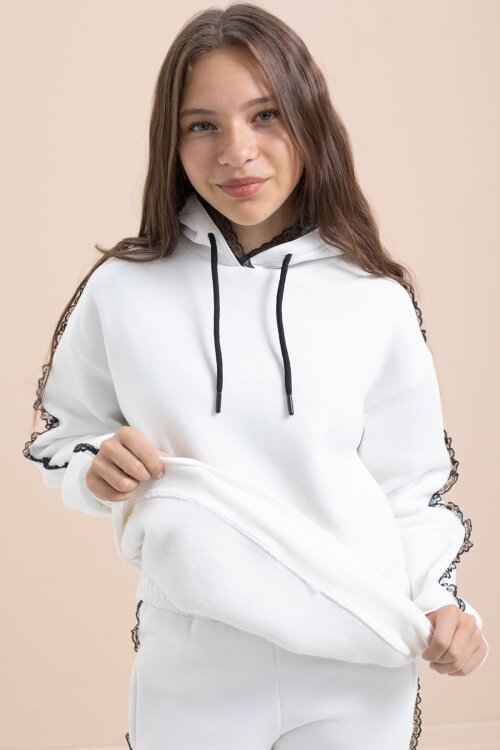 Beyaz Kız Çocuk Şardonlu Dantel Detaylı 3 İplik Takım 21504