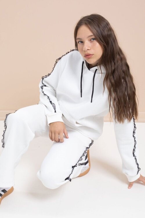 Beyaz Kız Çocuk Şardonlu Dantel Detaylı 3 İplik Takım 21504