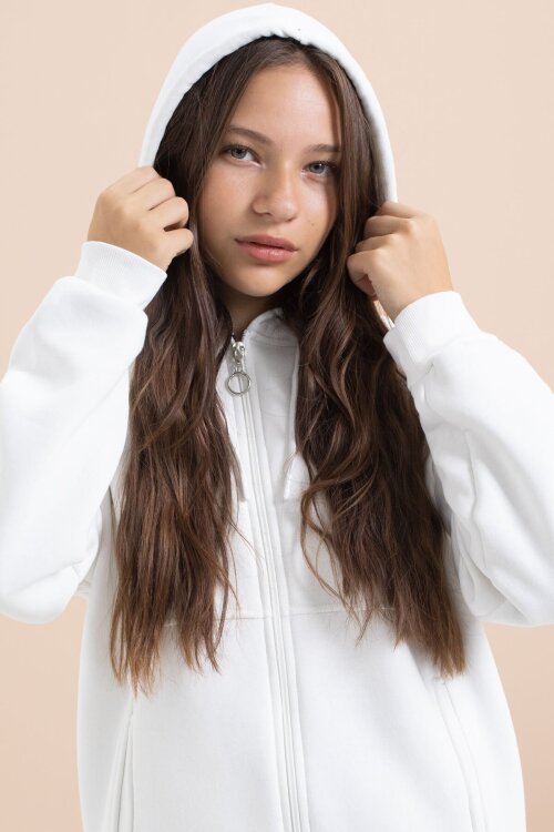 Beyaz Kız Çocuk Şardonlu Kapüşonlu Hırka 21520